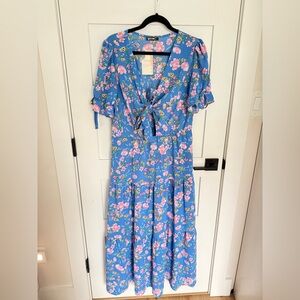 Blue Pink Flower Long Summer Dress XL